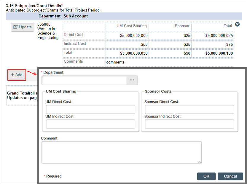 Anticipated Subproject/Grants Details page