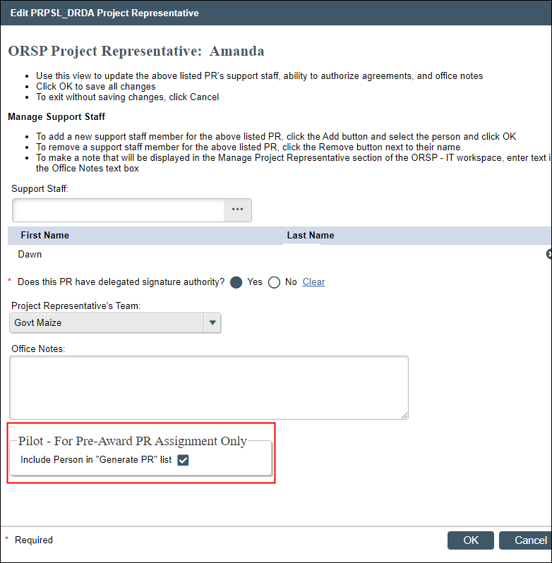 ORSP Project Representative window