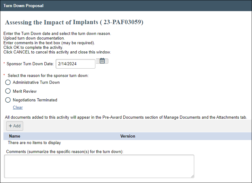 Turn Down Proposal screen in eRPM