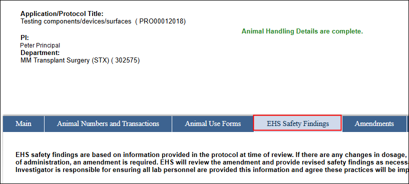 eRAM Protocol Workspace EHS Safety Findings tab