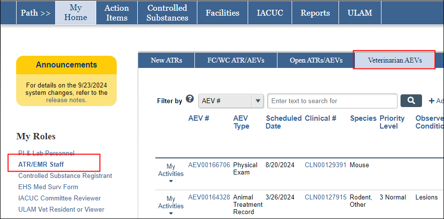 eRAM system screenshot of ATR/EMR Staff Role Home and Veterinarian AEVs tab selected