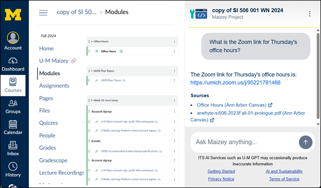 Canvas course with Maizey chat tool opened in sidebar to the right of the course content
