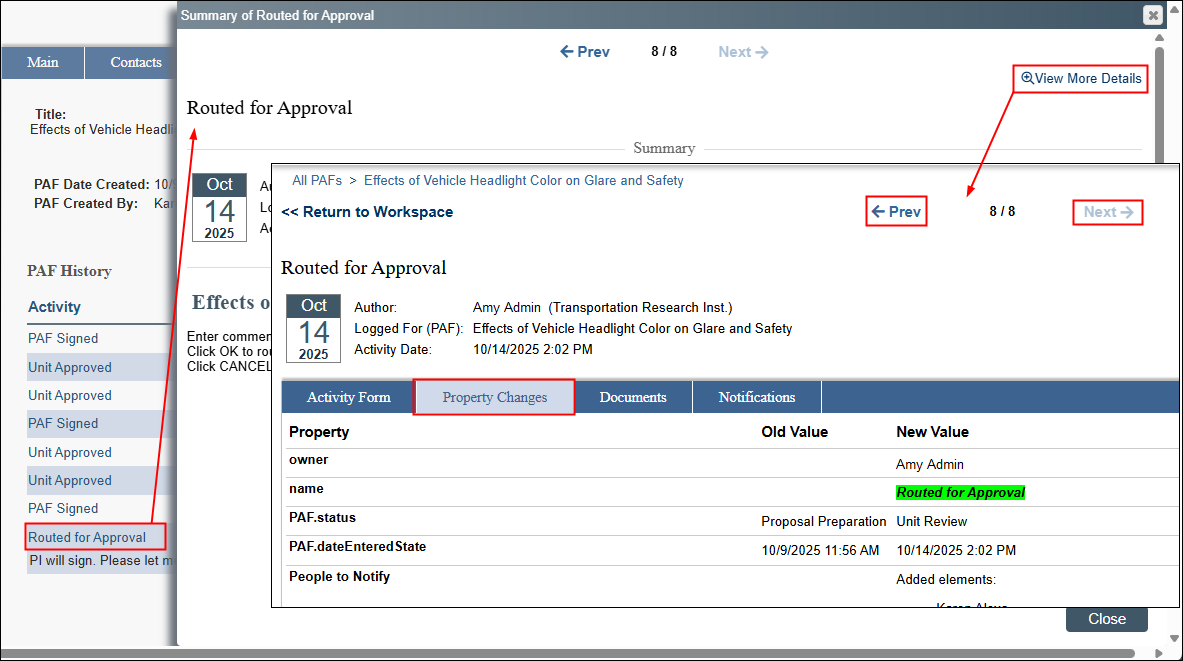 PAF History > Activity Summary > More details > Property Changes