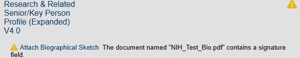 Attach Biographical Sketch warning message in SF-424 application in eRPM