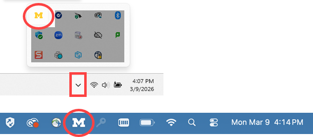 MiWorkspace helper app accessed via the block M in the Windows task bar (top) or Mac menu bar (bottom)