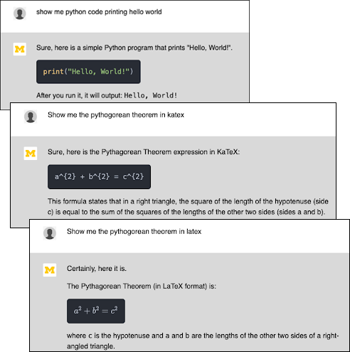 U-M GPT examples showing Python code, KaTex and LaTex equations.