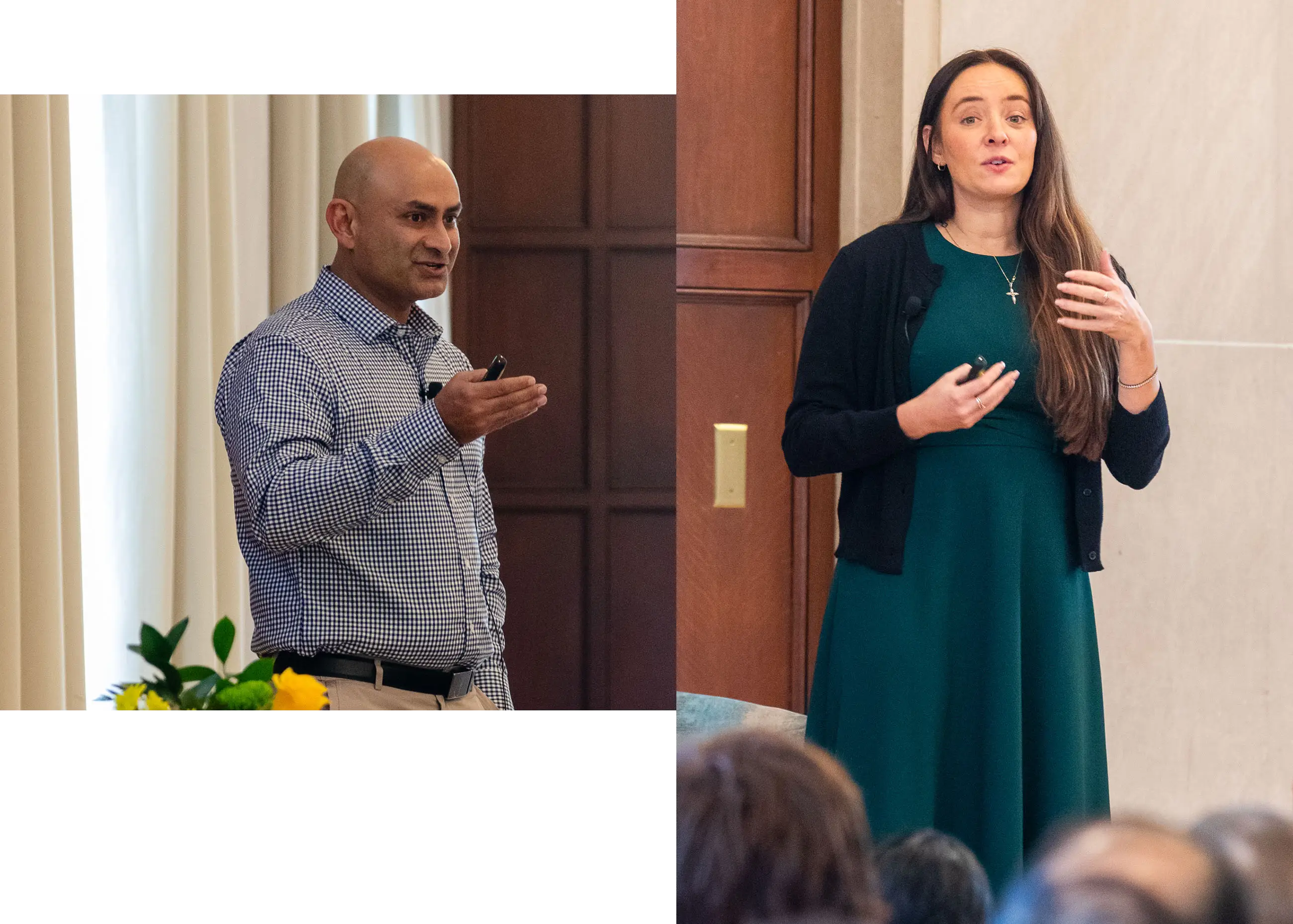A side-by-side image of two presenters. The image on the left shows a close-up of a presenter wearing a blue gingham shirt. The image on the right features a presenter in a teal-green dress.